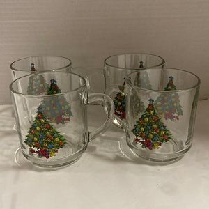 Set of 4 Luminarc Vintage Mugs Cups Clear Christmas Tree Design Both Sides 10oz